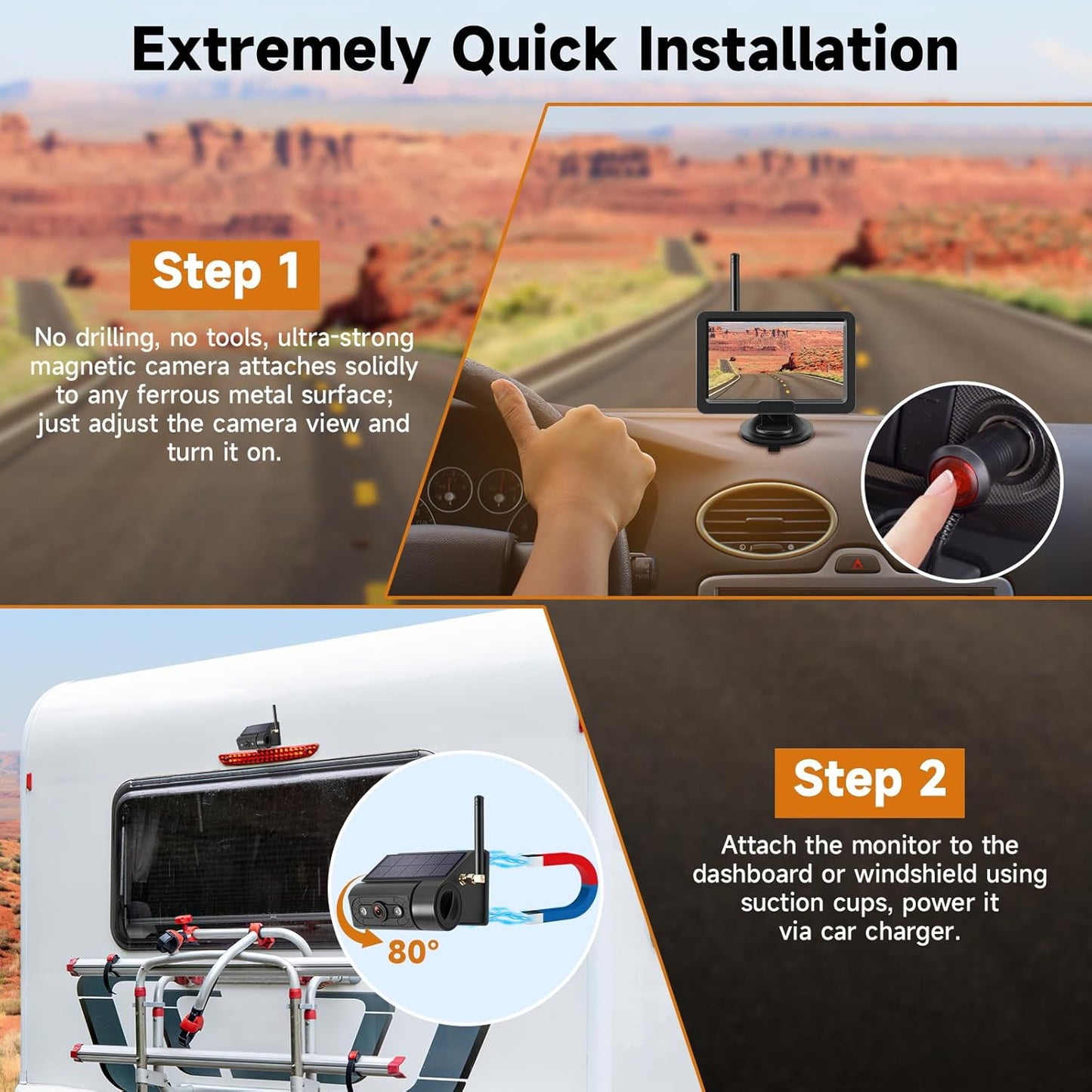Magnetic Solar Wireless Backup Camera with 5??HD Monitor No Wiring Rechargeable Battery IP68 IR Night Vision Rearview Camera System for Car RV Truck 5th Wheels Skid Steer Horse Trailer Hitch Camera