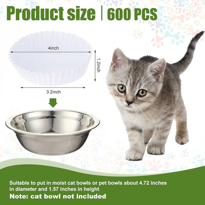meekoo 600 Pcs Large Pet Disposable Feeding Bowls Liner Bulk Cat Food Bowls Small Paper Dish Paper Liner for Small Dogs Cats Dish Wet Food Feeding Station(White,Classic)