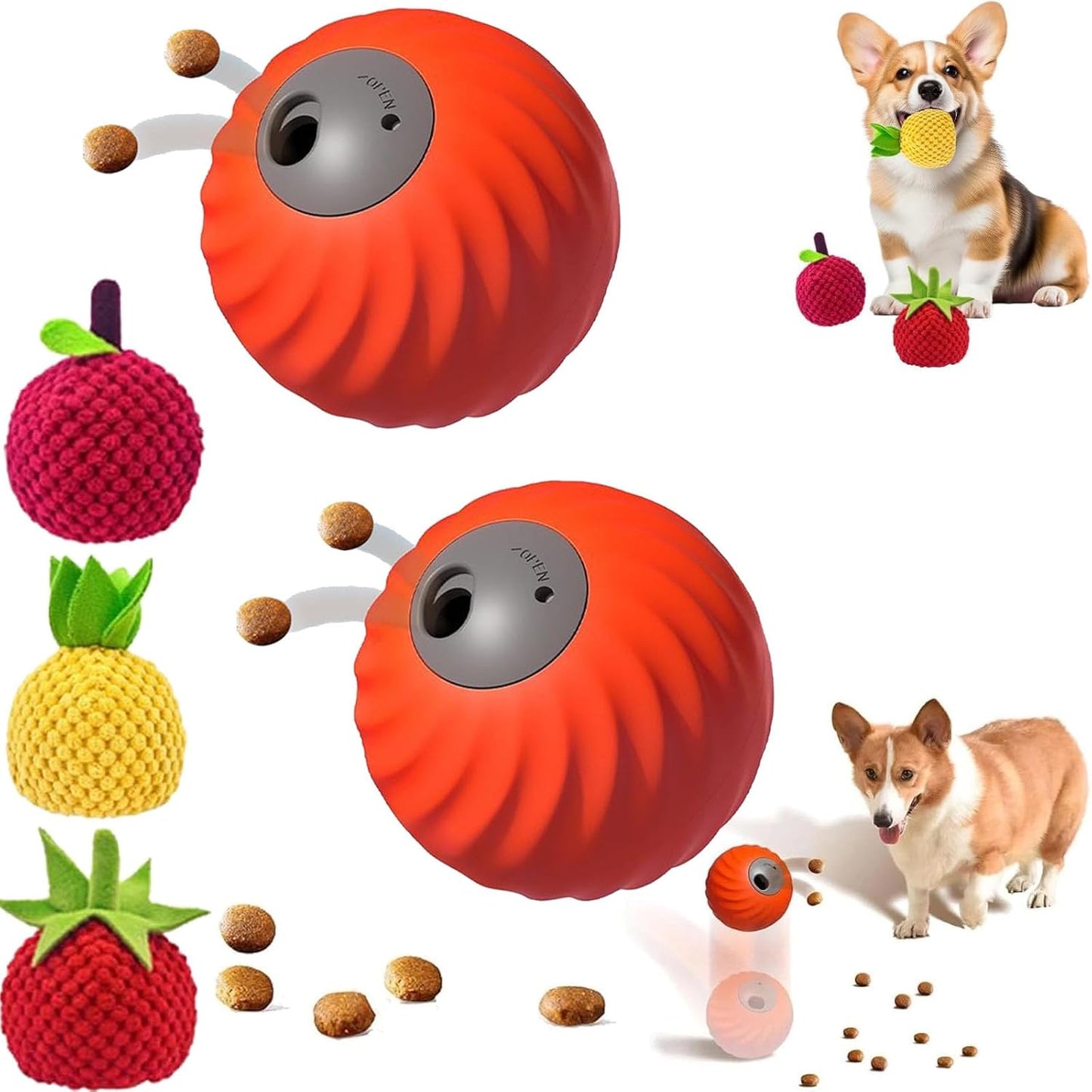 Zoomie Buddy 2.0, Zoomie Buddy for Dogs, 2 in 1 Smart Touch Interactive Dog Balls ＆ Pet Feeder, 2.83" Diameter, Suitable for Small/Medium Dogs, with Fruit Plush Cover (2*Orange, 3*Mix)