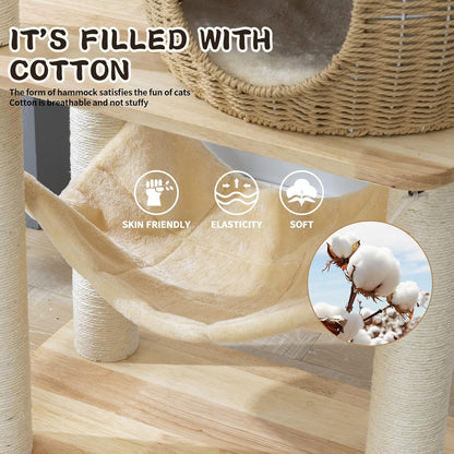59" Big Modern Cat Tree Tower, Cat Tower Sisal-Covered Scratching Posts for Indoor Cats, Oak Wood Cat Tree for Large Cats, Multi-Level Cat Condo with Space Capsule Nest, Cat Furniture Activity Centre