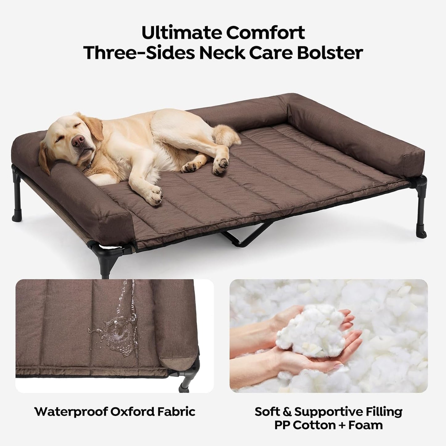 Veehoo Cooling Elevated Dog Bed Add Removable Waterproof Bolster Cushion Mat, Raised Pet Cot with Breathable Teslin Mesh, No-Slip Feet, Dog Couch Bed for Indoor Outdoor, 53 inches, Brown