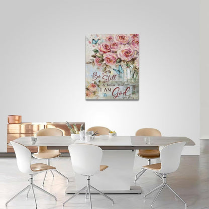 Farmhouse Rose Wall Art Christian Scripture Pictures Pink Rose Wall Decor Rustic Floral Butterfly Canvas Print Painting Artwork for Bathroom Living Room Bedroom 16"x20"