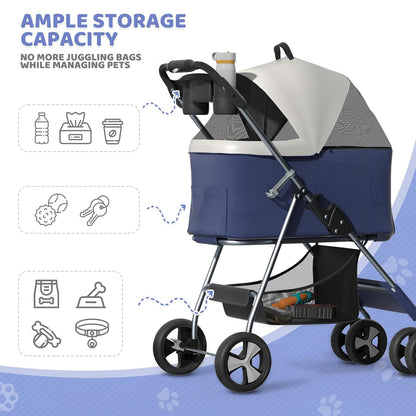 Magshion Foldable Pet Stroller, 3-in-1 Dog Travel Jogger with Detachable Carrier, Cup Holder, Storage Basket, Folding Carrier for Small/Medium Dogs & Cats Up to 33 lbs, Navy Blue