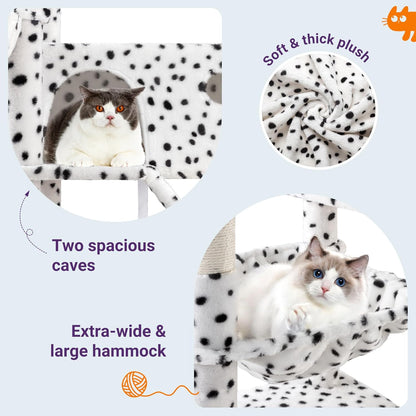 Allewie 81 Inches Tall Cat Tree/Multi-Level Large Climbing Tree House and Towers for Big Feline/Condo and Hammock/Scratching Post/Wide Base/White & Black Spot