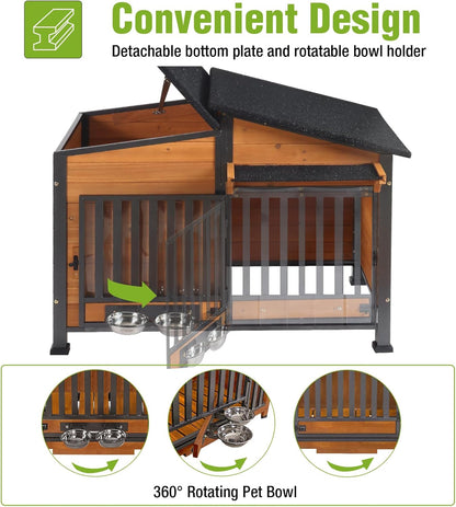 GUTINNEEN Dog House Outdoor Dog Kennel with Chew-Proof Metal Frame, Rotating Food Bowl, PVC Door Curtain, Weatherproof for Small Medium Dogs, 39.7" L x 25.5" W x 32.2" H (Dark Brown)