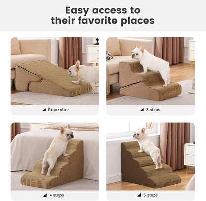 Gardner Pet Dog Stairs for Small Dogs 16.5" H, 2 in 1 Transformable 3-Step Pet Stairs and Dog Ramp for Couch (13-20 in), Brown Adjustable Pet Steps with Non-Slip Waterproof Cover and CertiPUR-US Foam