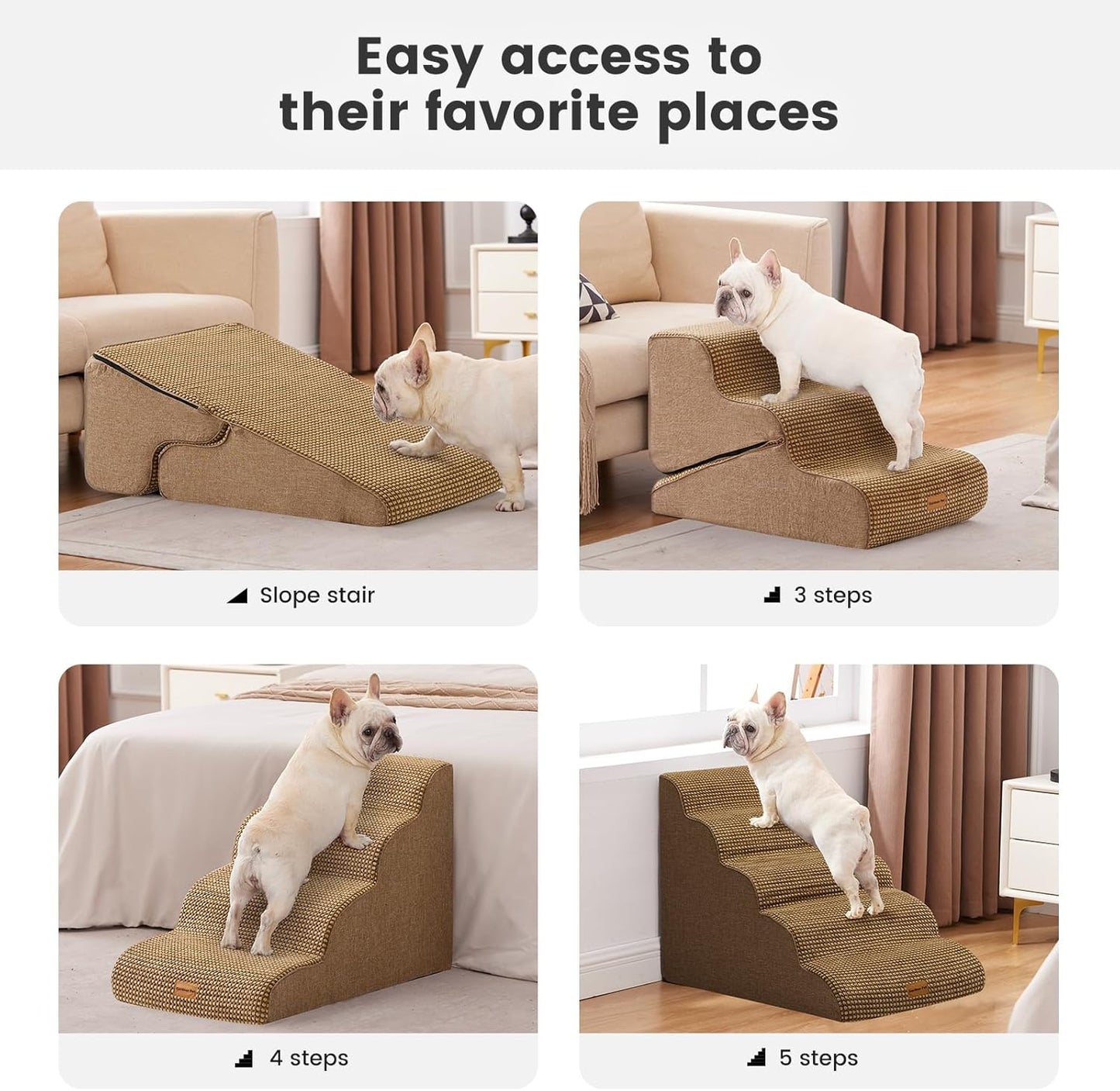Gardner Pet Dog Stairs for Small Dogs 19.7" H, 4-Step Brown Curved Pet Stairs, Dog Steps for High Bed (18-24 in), Couch with Durable Non-Slip Waterproof Fabric Cover and CertiPUR-US Certified Foam
