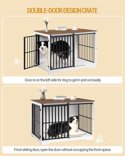 XL Large Dog Crate Furniture, 44.1" Indoor Dog Kennel Furniture with Barn Door, Wooden Tall Dog Crate, Heavy Duty Dog Cage for Large Dogs, Side End Table, Anti-Chew, White Brown DFC80114B