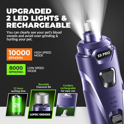 Dog Nail Grinder with 2 LED Lights Powerful 2 Speeds Super Quiet Dog Nail Trimmers with 3 Grinding Wheels Rechargeable Pet Dog Nail Clippers for Large Medium Puppy Dogs Dog Nail File Cat Nail Clipper