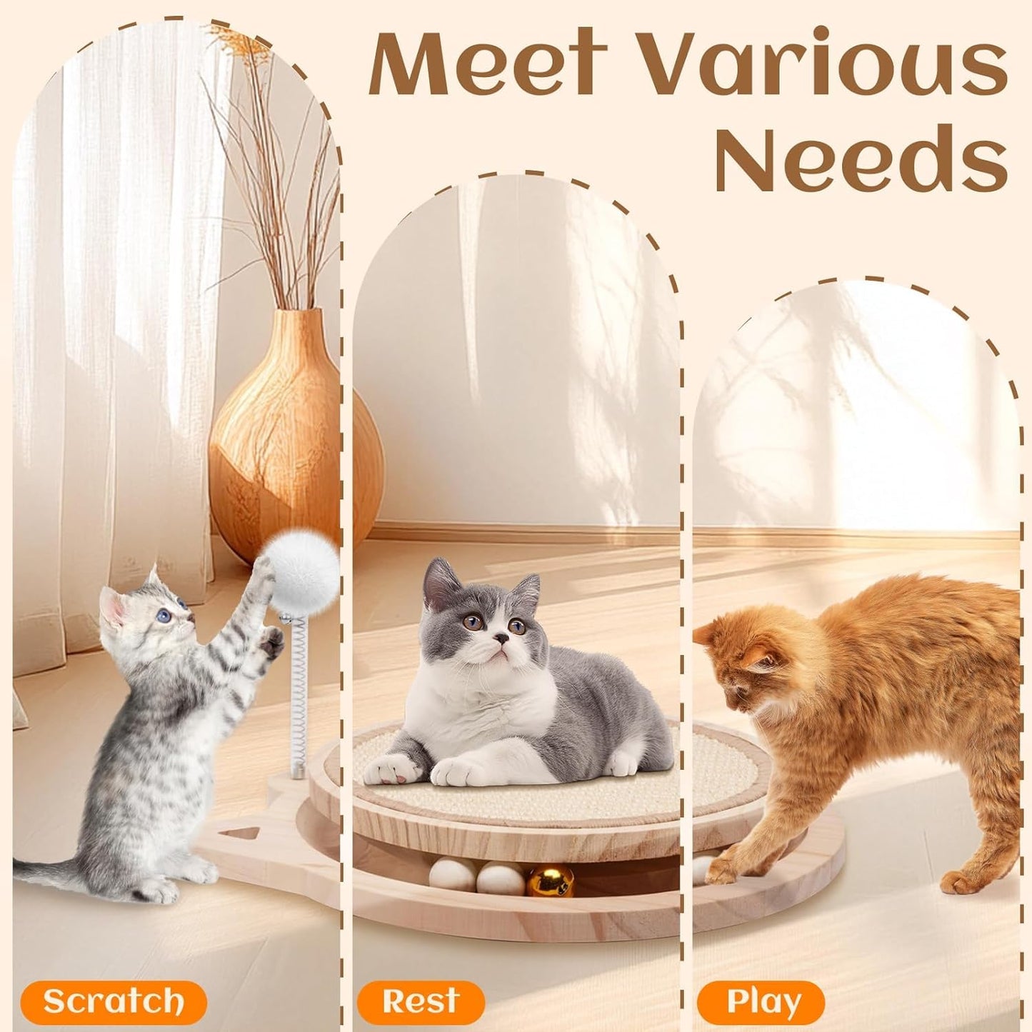 Natural Sisal Cat Scratcher, Round Cat Toys for Indoor Cats Interactive Toys with Ball Track Spring Ball, Kitten Toys for Chasing Hunting Mental Physical Exercise Puzzle