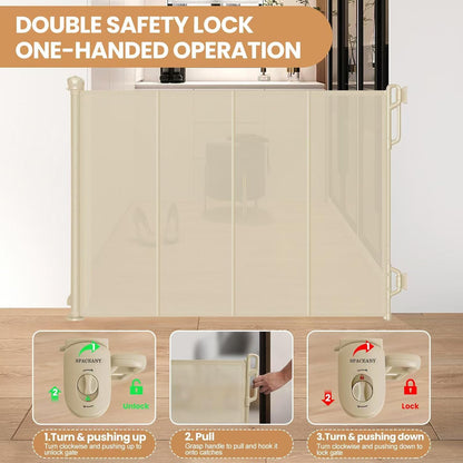 Reinforced Retractable Baby Gate or Mesh Dog Gate,Easy to Use for Stairs, Doorways, Hallways, Indoor, Outdoor, Wide Pet Gate 33.5" Tall, Extends to 45" Wide, Cream