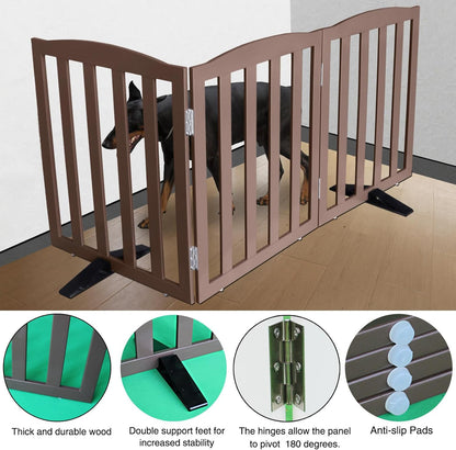ZJSF Foldable Freestanding Indoor Dog Gate for House Wood Long Pet Gates Dog Fence for Stairs Puppy Gates for Hallways, Puppy Gate,Support Feet Included, Brown, 24 "Height-3 Panels