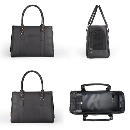 Fashion Pet Carrier Dog Purse Cat Bag Soft-Sided Carriers Travel Airline Approved, Stylish Leather Tote Handbag for Small Animal Puppy Kitten (Black)