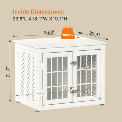 26" Heavy Duty Dog Crate Furniture for Small Dogs, Metal Kennel for High Anxiety Dogs, Chew Proof Pet Cage Indoor, Decorative Dog Kennel End Table, White