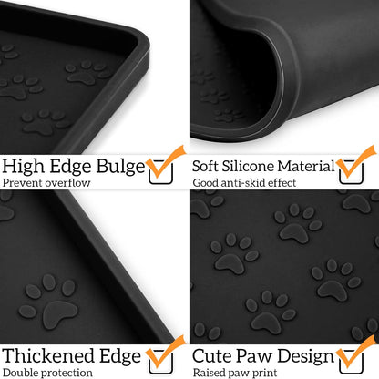 Ptlom Pet Placemat for Dog and Cat, Mat for Prevent Food and Water Overflow, Suitable for Small, Medium and Big Pet, 18" 12", Black, Silicone