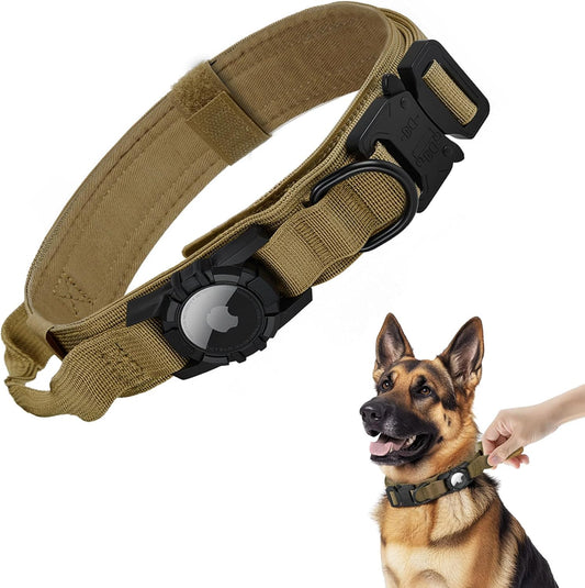 Tactical AirTag Dog Collar - Heavy Duty, Adjustable GPS Collar Compatible with Apple AirTag, with Holder & Control Handle for Medium/Large Dogs [ Brown, XL ]