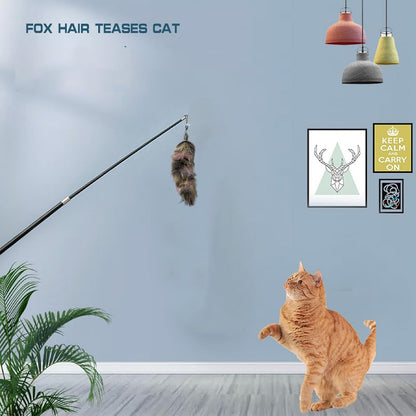 Interactive Cat Wand Toy with Cat Dancer, Retractable Feather Fox Tail Teaser for Indoor Cats, Enrichment Play Kittens to Senior Cats (Soft Pink)