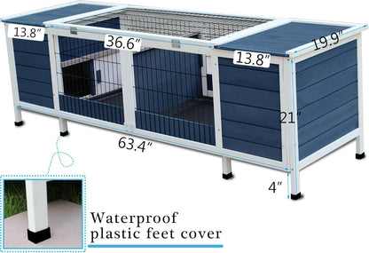 Rabbit Hutch Indoor Leakproof Bunny Cage Fir WoodenOutdoor Bunny House with Wire Floor Leakproof Plastic Tray (Blue)