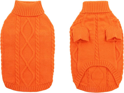 Queenmore Small Dog Pullover Sweater, Cold Weather Cable Knitwear, Classic Turtleneck Thick Warm Clothes for Chihuahua, Bulldog, Dachshund, Pug (Orange, Medium)