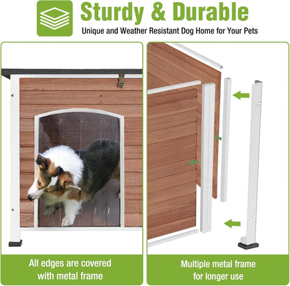 GUTINNEEN Dog House Outdoor Weatherproof with Anti-bite Metal Frame Large Indoor Wooden Dog Kennel for Medium to Large Dogs, 43.3" L × 29.4" W × 33.4" H