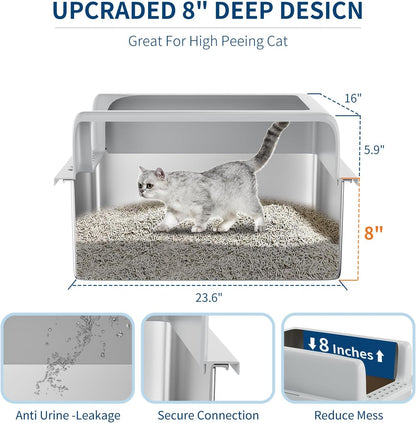 Stainless Steel Cat Litter Box 8 inch, XXL Large Cat Litter Tray with High Side, Platform Step and Scoop for Big Cats Multiple Cats, Easy Clean