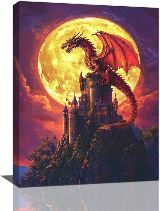 Dragon Bathroom Pictures Wall Art, Red Dragon Castle Bathroom Wall Decor, Framed Painting Canvas