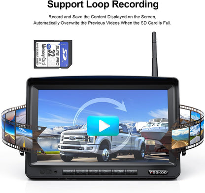 Fookoo 1080P 7" Wireless Backup Camera System, 7" HD Dual/Quad Split Monitor with Recording, IP69 Waterproof Rear View Front View Cameras with Parking Lines, Suits for RV/Truck/Trailer/Van/Bus(DW702)