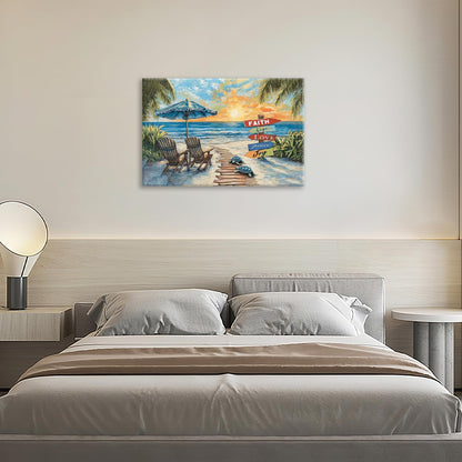 Beach Ocean Bathroom Pictures Wall Art, Seaside Coastal Bathroom Wall Decor, Sunrise Framed Painting Canvas Artwork for Bedroom Living Room Decorations 24"L x 16"W