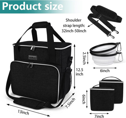 BAGLHER Dog Travel Bag, Pet Travel Bag (All Pet Travel Supplies), with 2 Pet Food Containers and 2 Collapsible Silicone Bowls; Essential Kits for Pet Travel Black