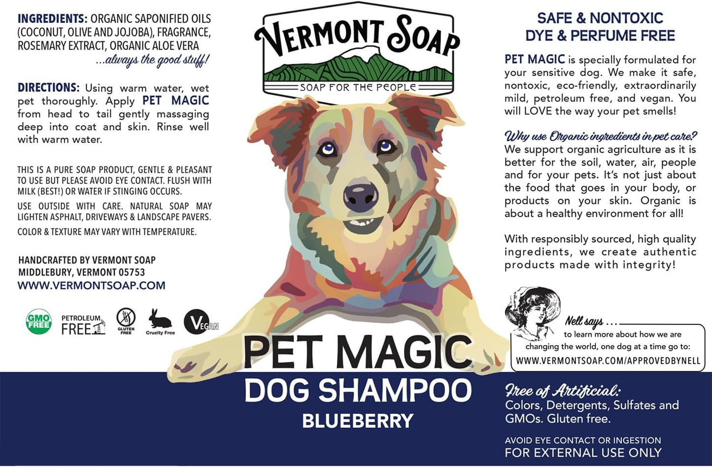 VERMONT SOAP Organics Pet Shampoo - Infused with Organic & Natural Olive Oil, Coconut & Aloe Vera Dog Shampoo for Sensitive Skin - USDA Certified Grooming - Blueberry (640oz)