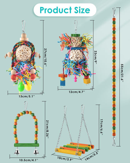 Bissap Conure Toys, 5 PCS Parrot Foraging Shredder Hanging Toys Sola Balls with Sand Hammer Perch Swing Climbing Ladder for Small Parrots Parakeets Conures Cockatiels Love Birds Cage Toy