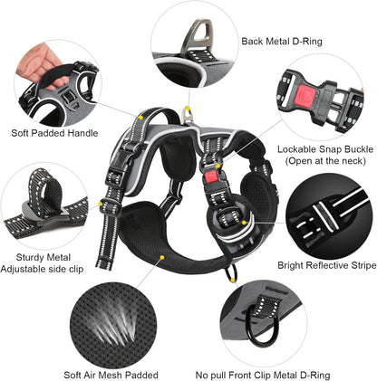 Timos Dog Harness Medium Sized, No Pull with Neck Lockable Snap,No Choke Front Clip Dog Reflective Harness,Adjustable Metal Rings 3 Buckles,Easy Control Handle for Medium Dogs Gray M