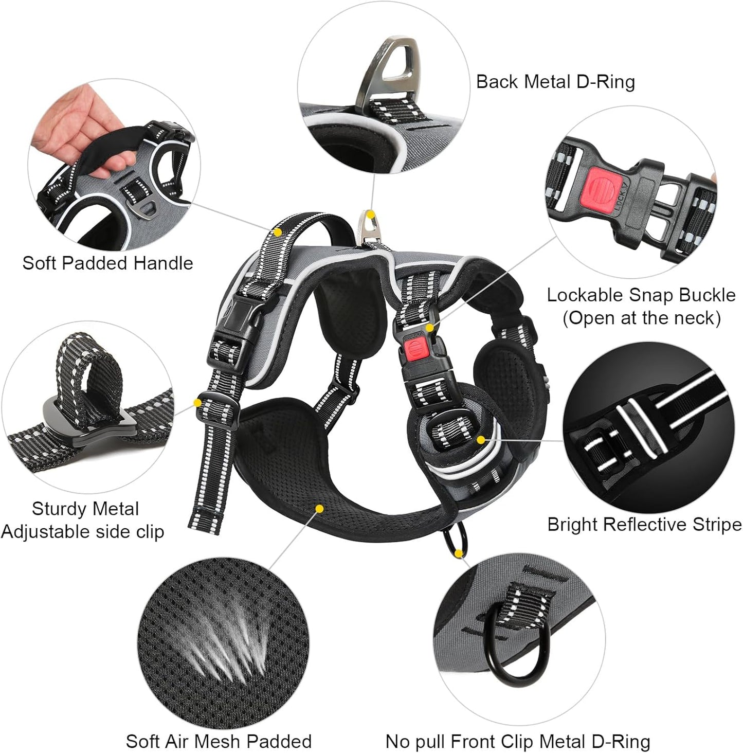 Timos Dog Harness Small Sized, No Pull with Neck Lockable Snap,No Choke Front Clip Dog Reflective Harness,Adjustable Metal Rings 3 Buckles,Easy Control Handle for Small Dogs Gray S