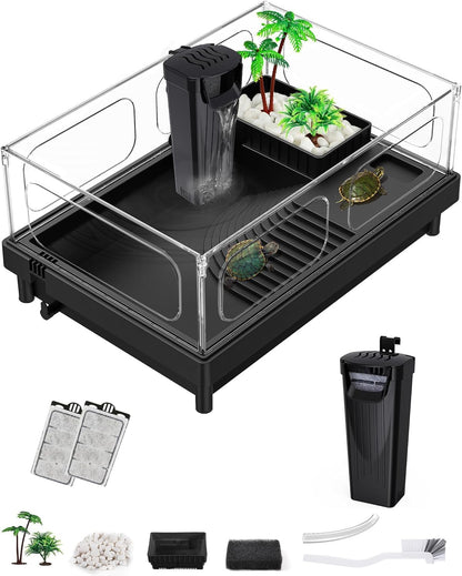 Small Turtle Tank, Aquarium, Acrylic Terrarium with Basking Platform, Bottom Drainage, Multi-Function Areas for Turtles, Crabs, Crayfish, Reptiles.(Black+Filter)