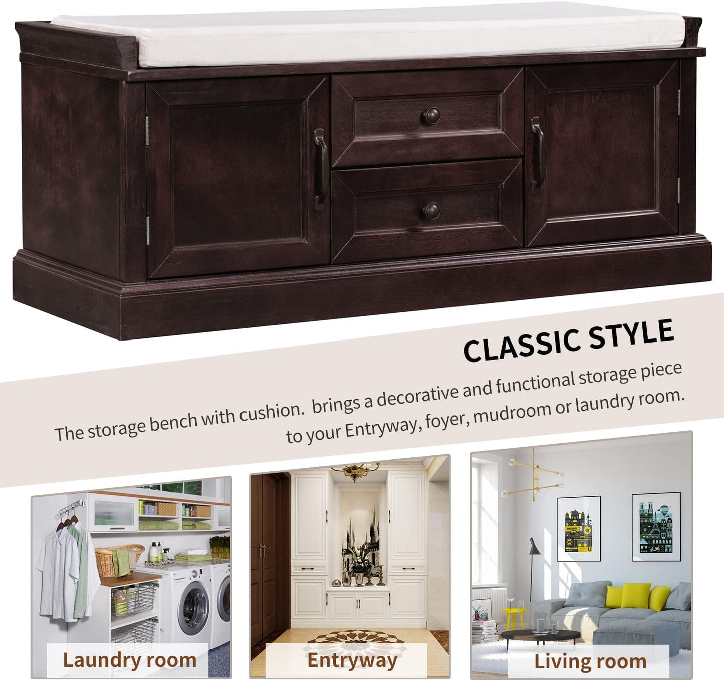 Storage Bench with 2 Drawers and 2 Cabinets, Pine Wood Pine Wood Shoe Bench with Removable Cushion for Living Room, Entryway 42.5" L x 15.9" W x 17.5" H (Espresso)