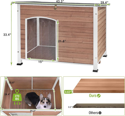 GUTINNEEN Dog House Outdoor Weatherproof with Anti-bite Metal Frame Large Indoor Wooden Dog Kennel for Medium to Large Dogs, 43.3" L × 29.4" W × 33.4" H