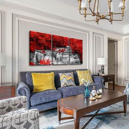 Yxbhhym Black White and Red Waterfall Canvas Wall Art Forest Paintings Waterfall Artwork for Wall Print Landscape Wall Picture for Living Room Wall Decor Large Framed Wall Art -24x48inches