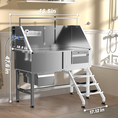 Professional 46" Dog Washing Station, Stainless Steel Dog Bathing Station, Height Adjustable Dog Wash Station, Storage Drawer, Upgrade Parts, Home, Commercial (Right Step)