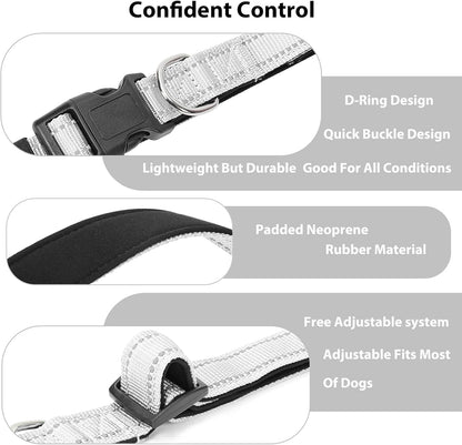 Reflective Dog Collar Padded with Soft Neoprene Breathable Quick Release Basic Dog Collars for Medium Large Dogs Boy Girl Silver