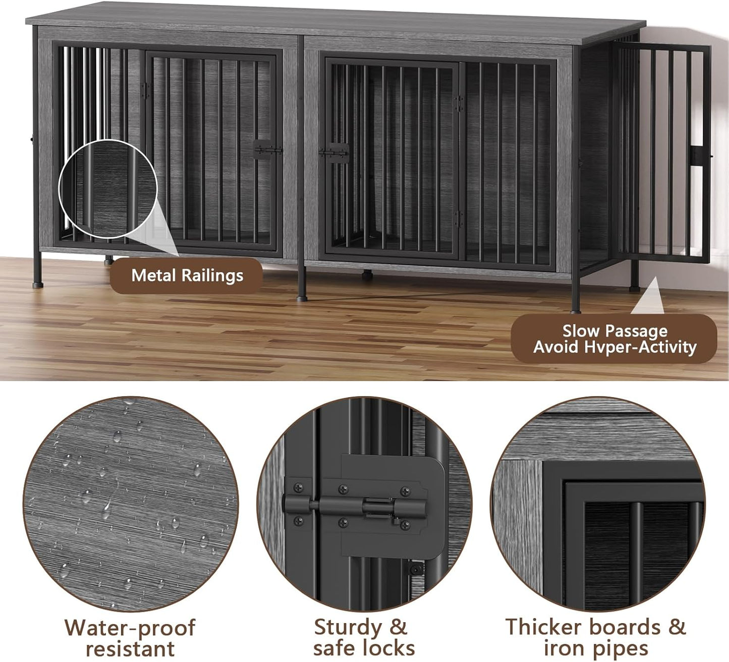EasyCom 78 Inch Dog Cage Furniture for 2 Pets with Divider, XXL Wooden Double Dog Crate Furniture TV Stand for Mideum and Large Breed, Durable and Sturdy