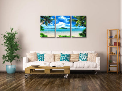 Wieco Art 3 Piece Blue Sea Beach Canvas Prints Modern Stretched Wall Art Seascape Pictures Paintings for Living Room Bedroom Home Decorations Modern Landscape Artwork