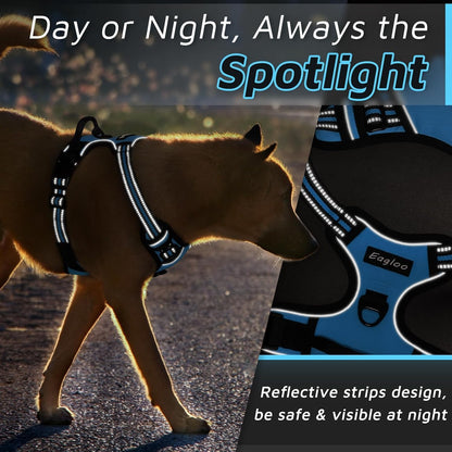 Eagloo Dog Harness Medium Sized Dog, No Pull Service Vest with Reflective Strips and Control Handle, Adjustable and Comfortable for Easy Walking, No Choke Pet Harness with 2 Metal Rings, Sky Blue, M