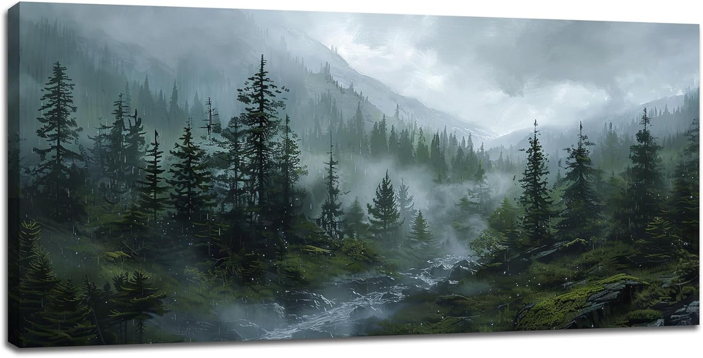 Large Forest Wall Art Nature Misty Mountain Canvas Living Room Tree Landscape Pictures Framed Prints Oversize Wall Decor Painting Artwork for Bedroom Dining Home 60"x30"