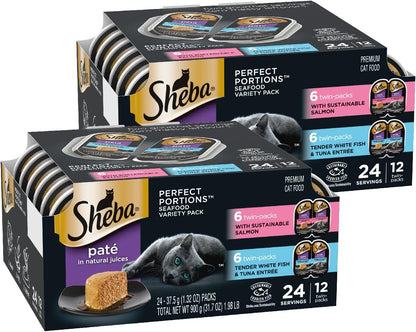 Sheba Perfect Portions Wet Cat Food Pate with Sustainable Salmon and Tender Whitefish & Tuna Entree Variety Pack, 2.6 oz. Twin-Pack Trays (12 Count, 24 Servings) (Pack of 2)