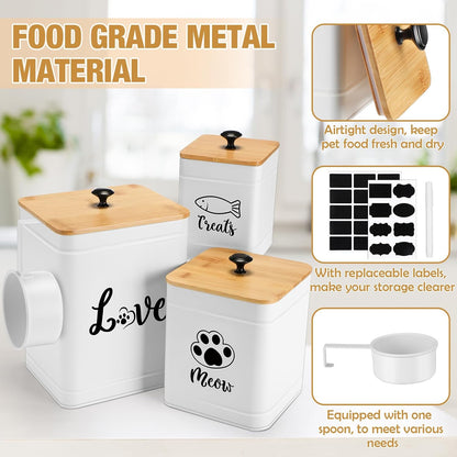 Metal Airtight Cat Food Containers Set of 3 with Bamboo Lids and Spoon 7+3+2 Lbs Cat Treat Storage Container Countertop with DIY Labels Pet Cookie Organizer Jars for Kitchen Counter(White)