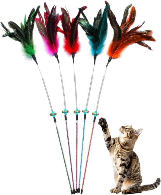 Cat Wand Toy Feather Sticks - 5 Piece Interactive Wands Toy Set with Feathers, Durable Spring Design - Perfect for Engaging Playtime Fun for Kittens and Cats - Cat Toys for Indoor Cats