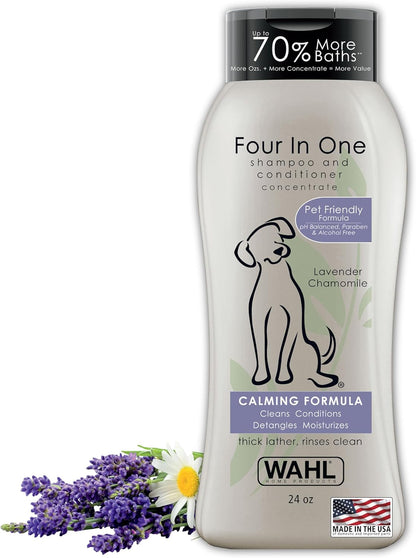Wahl USA 4-in-1 Calming Dog Shampoo with Lavender Chamomile Scent – Cleans, Conditions, Detangles, & Moisturizes - Pet Friendly Formula - 24 Oz - Model 820000A