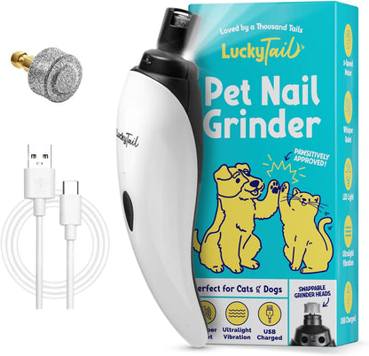 LuckyTail Pet Nail Grinder for Dogs and Cats - Super Quiet and Low Vibration Electric Dog Nail Grinder with 2 LED Lights - USB Rechargeable and Cordless - 2 Speeds - Small to Large Pets