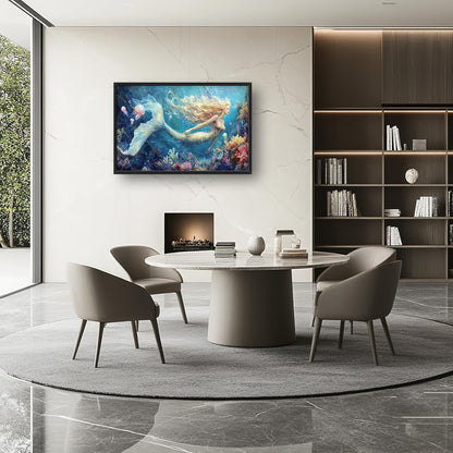 Extra Large Framed Mermaid Wall Art,Oversized Undersea Ocean Wall Decor,Colorful Coral Reefs Pictures for Living Room,Elegant Canvas Print Painting Modern Artwork Bedroom Bathroom 36L x 24W