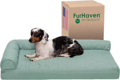 Furhaven Cooling Gel Dog Bed for Medium/Small Dogs w/ Removable Bolsters & Washable Cover, For Dogs Up to 35 lbs - Pinsonic Quilted Paw L Shaped Chaise - Iceberg Green, Medium